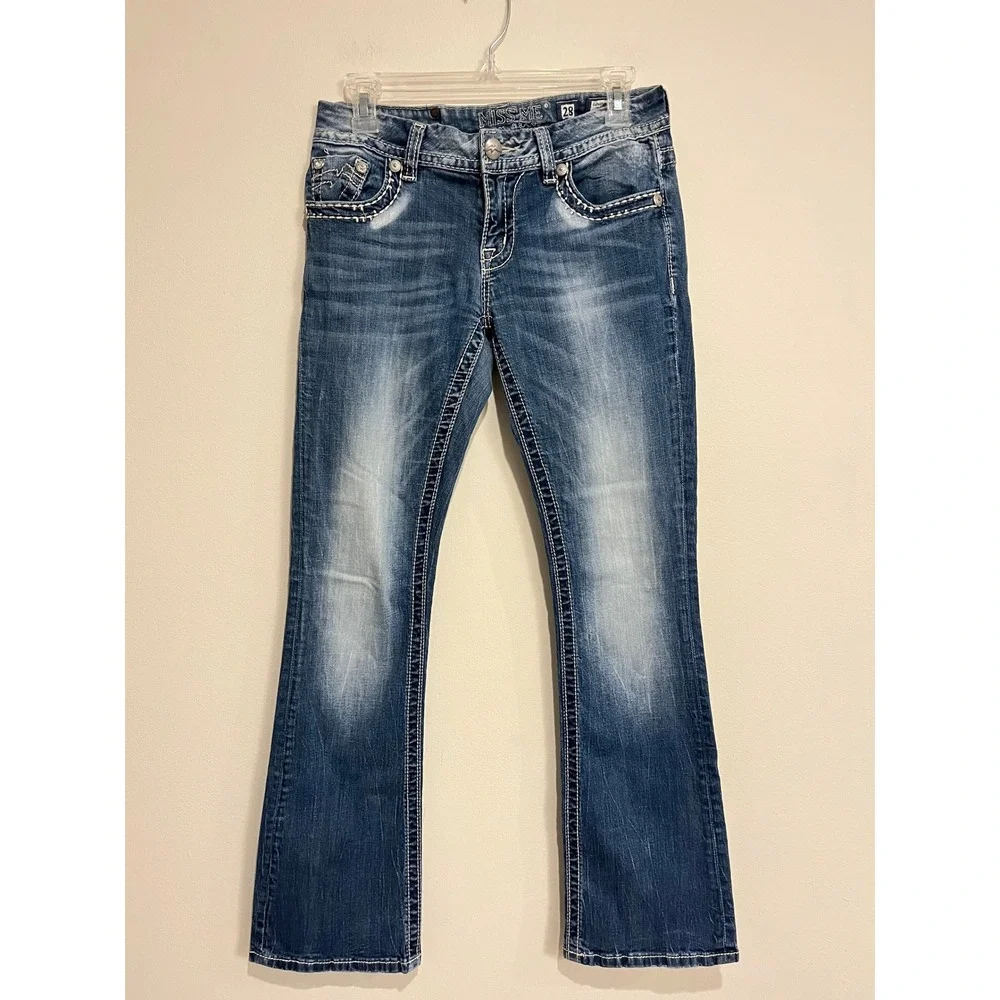 Miss Me Jeans Y2K Low Rise Boot Cut Embellished Rhinestones Thick Stitch Size 28